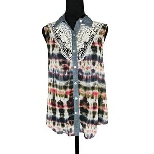 Living Doll Sleeveless Sheer Tie-Dye Crochet Denim Boho Grunge Button Down Med‎